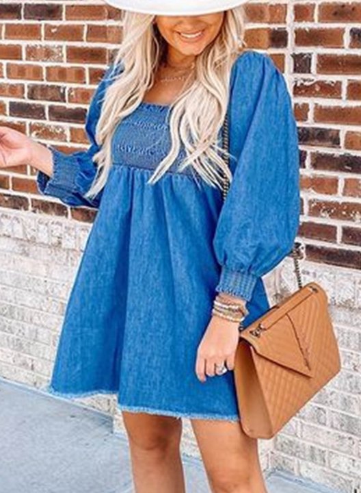 Women's Mini Dresses Fashion Solid Denim 3/4 Sleeve Square Neck Dress