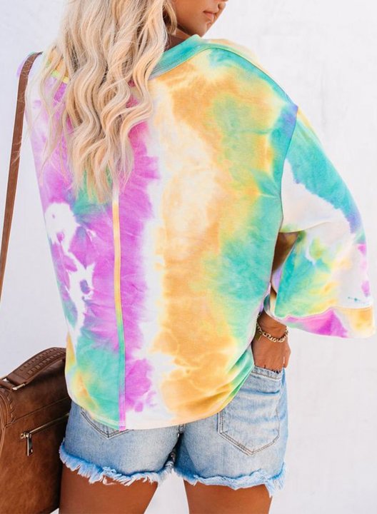 Women's Tie Dye Off Shoulder Color Block 3/4 Sleeve Round Neck Sweatshirt