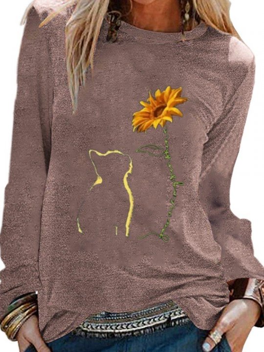 Cats & Sunflower Print Long Sleeve Shirts & Tops