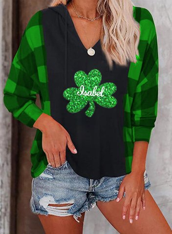 Women's St.Patrick's Day Sweatshirt Plaid Shamrock Sequin Long Sleeve V Neck Casual Pullover