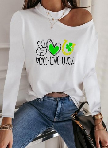 Women's St Patricks Sweatshirt Peace Love Lucky Letter Heart-shaped Cold Shoulder Long Sleeve Crew Neck Casual Pullovers