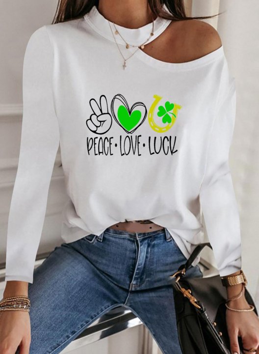 Women's St Patricks Sweatshirt Peace Love Lucky Letter Heart-shaped Cold Shoulder Long Sleeve Crew Neck Casual Pullovers