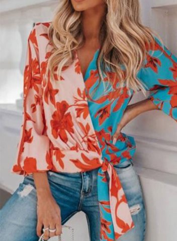 Women's Shirts Floral Color Block V Neck 3/4 Sleeve Criss Cross Knot Vacation Daily Boho Shirts