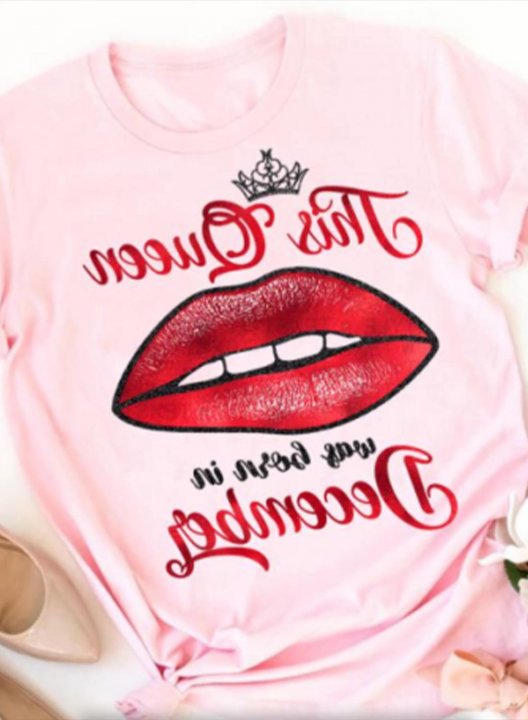 Women's This Queens Was Born In December T-shirts Lip Letter Print Short Sleeve Round Neck Daily T-shirt