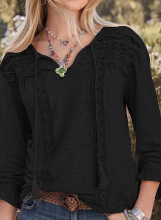 Women's Shirts Knot Lace Solid Long Sleeve V Neck Daily Casual Shirt