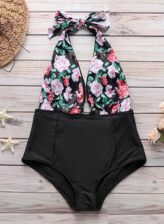 Women's One Piece Swimwear Color Block Floral V Neck One-Piece Swimsuit