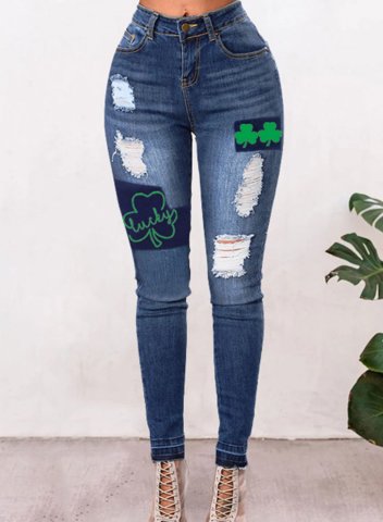Women's Jeans Cut-out Shamrock Lucky Print St.Patrick's Day High Waist Slim Color Block Full Length Casual Jeans