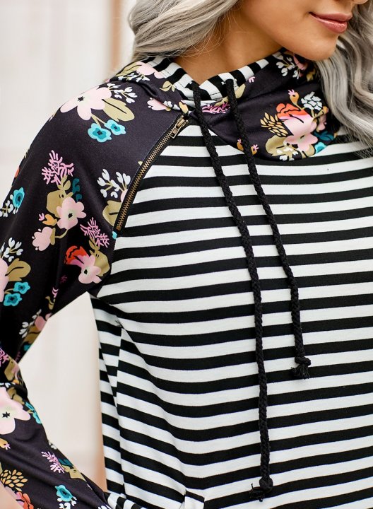 Floral-Print Paneled Striped Pocket Hoodie