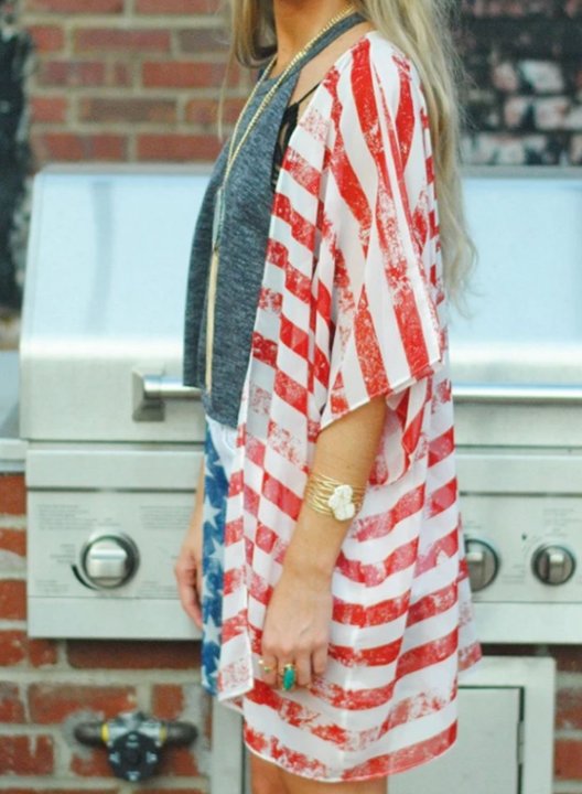 Women's Cover-ups American Flag Open Front 3/4 Sleeve V Neck Tunic Cover-up