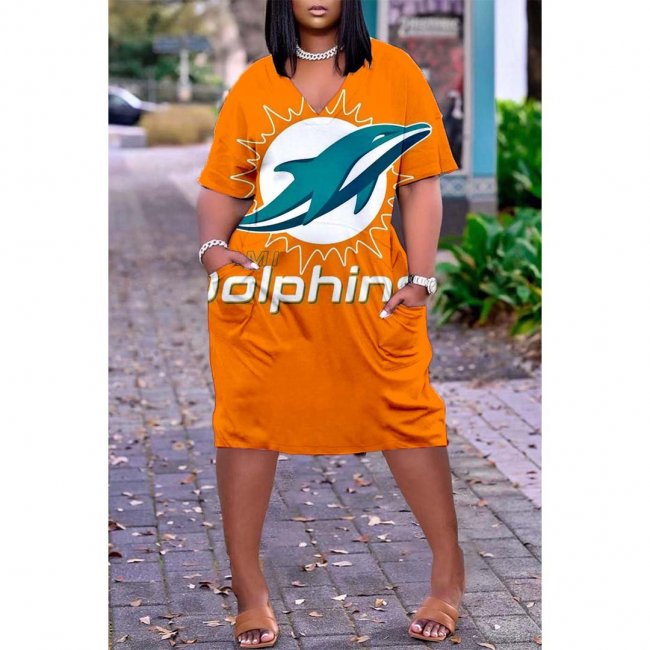 Miami Dolphins Print Fashion Casual V Neck Short Sleeve Dress