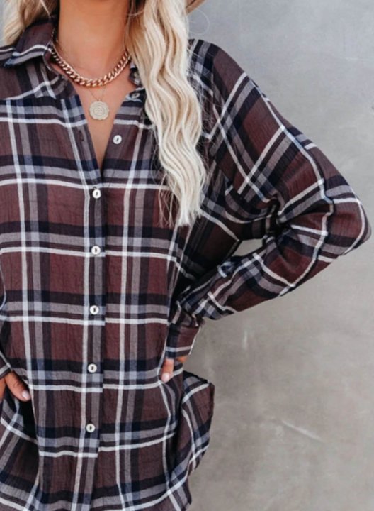 Women's Shirts Plaid Color Block Long Sleeve Turn Down Collar Casual Shirts