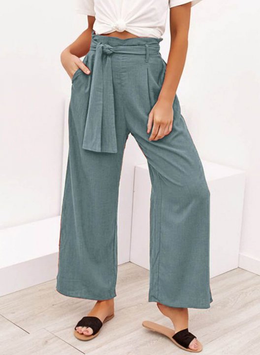 Women's Palazzo Pants Straight Solid High Waist Daily Ankle-length Vintage Pocket Waist Tie Pants