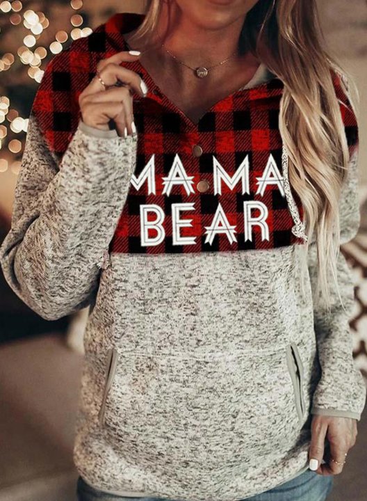 Women's Mama Bear Print Plaid Hooded Sweatshirt