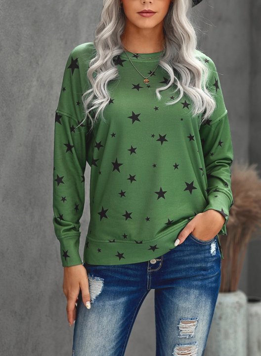 Women Star Print Long Sleeve Round Neck Tunics