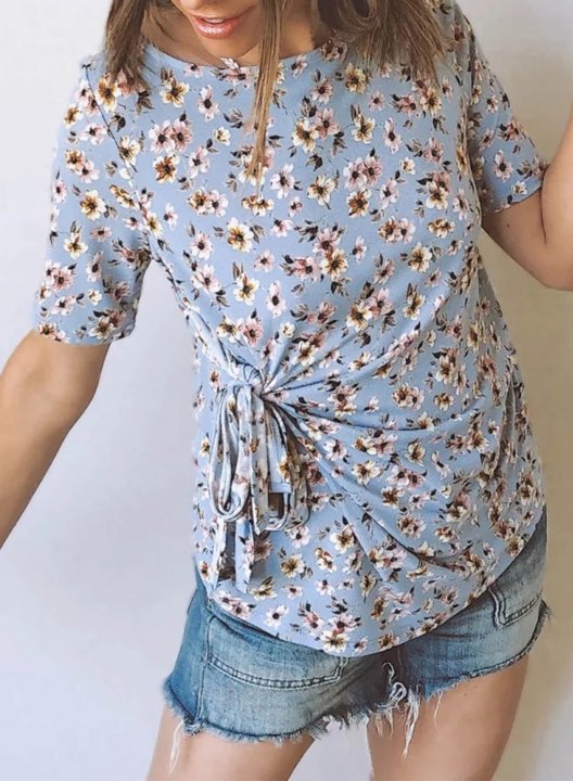 Women's T-shirts Knot Floral Short Sleeve Round Neck Daily Casual T-shirt