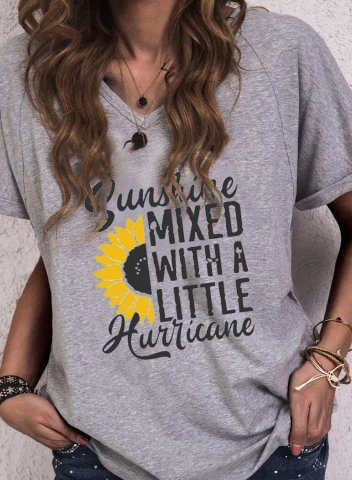 Women's T-shirts Sunflower Letter Print Short Sleeve V Neck Daily T-shirt