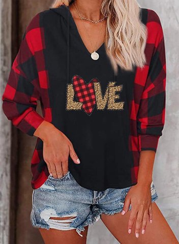 Women's Plaid Sweatshirt Love Heart Print Color-block Letter Long Sleeve V Neck T-Shirt