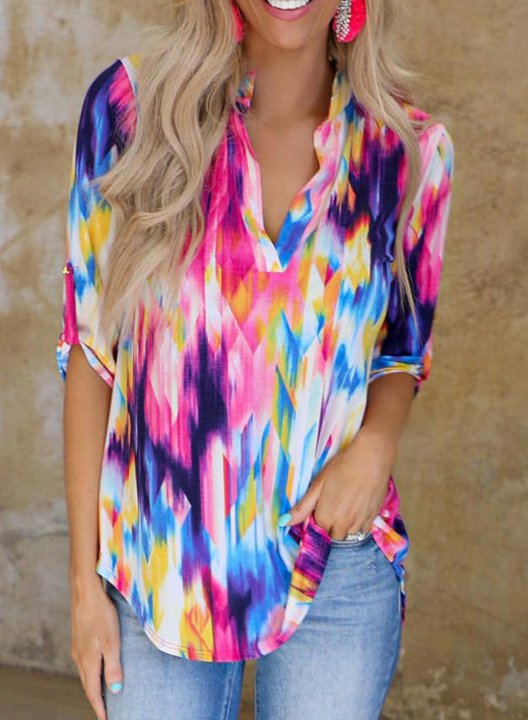 Women's Blouses Tiedye Multicolor Long Sleeve V Neck Daily Button Blouse