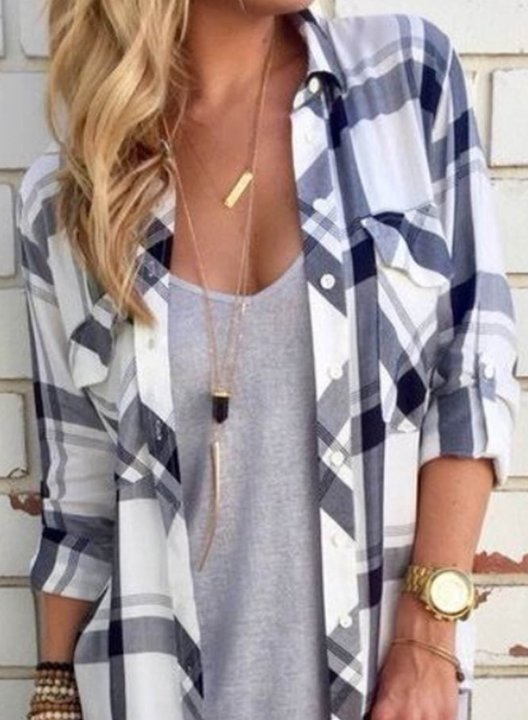 Women's Shirts Color Block Plaid Long Sleeve Turn Down Collar Casual Summer Shirts