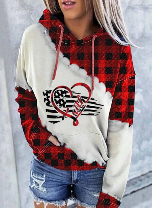 Women's Hoodies Drawstring Long Sleeve Plaid Flag Hoodies With Pockets