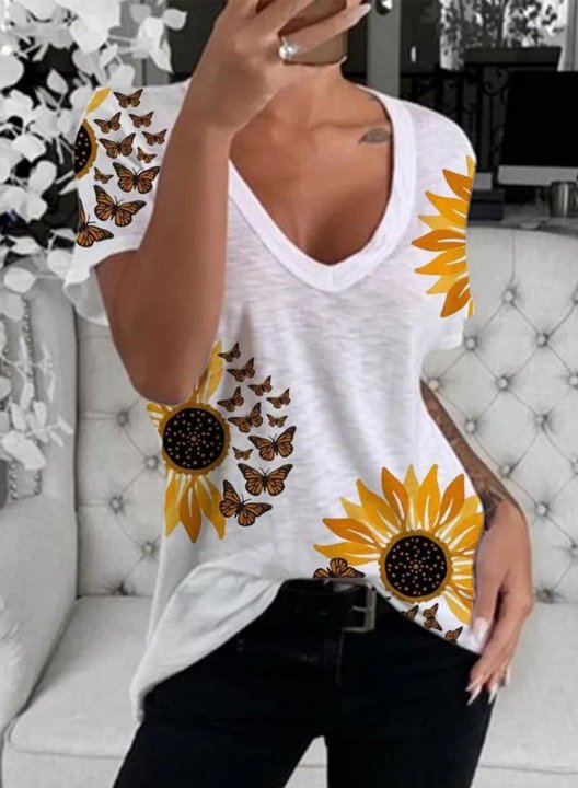 Women's T-shirts Sunflower Print Short Sleeve V Neck Daily Tunic T-shirt