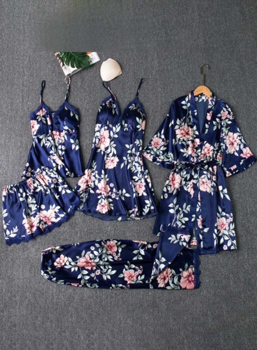 Women's Loungewear Sets Solid Floral Lace 4-Piece Loungewear Set