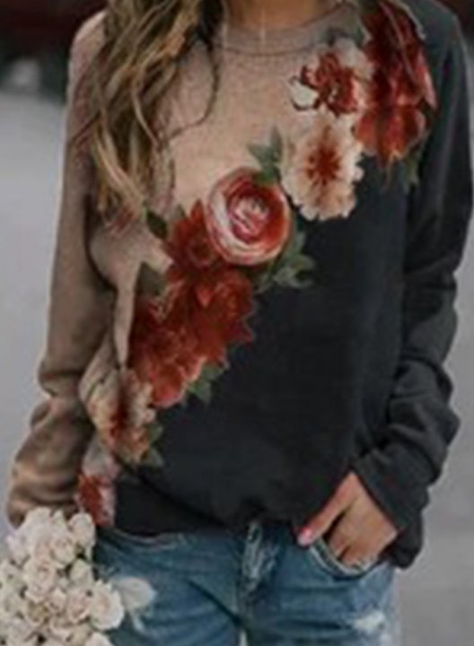 Women's Sweatshirts Floral Print Colorblock Long Sleeve Round Neck Sweatshirt