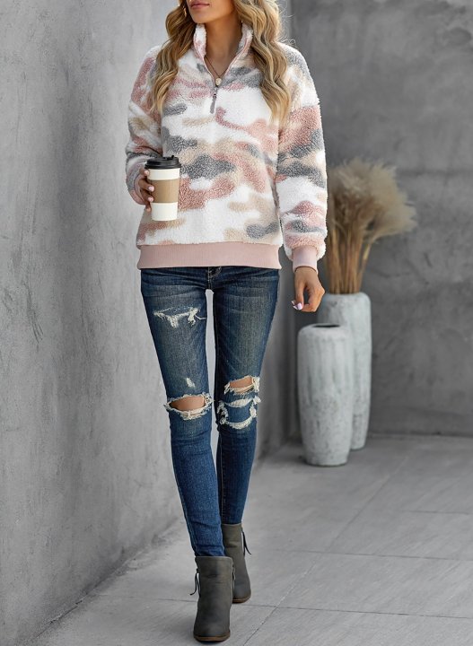 Leopard Long Sleeve High Neck Zip Sweatshirt