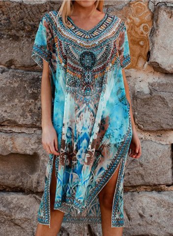 Women's Midi Dress Tribal Shift Short Sleeve V Neck Split Boho Vintage Beach Midi Dress