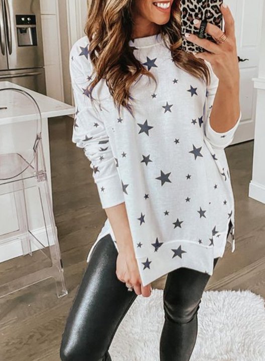 Women Star Print Long Sleeve Round Neck Tunics