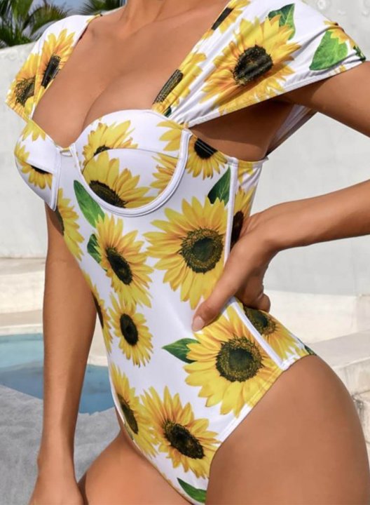 Women's One Piece Swimwear Color Block Floral Short Sleeve Square Neck One-Piece Swimsuit