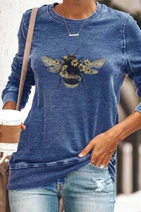 Bee Floral Print Paneled Casual Long Sleeves T-shirt