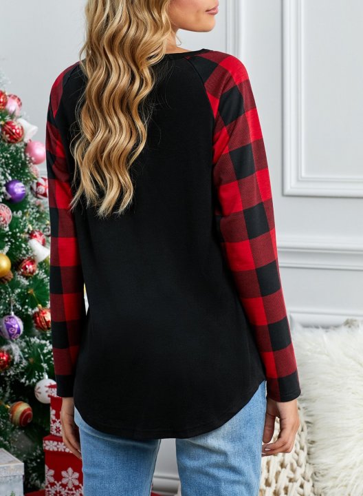 Red Plaid Pocket Sequin Long Sleeve Sweatshirt