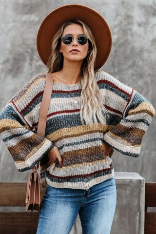Women's Sweaters Dropped Shoulder Striped Relaxed Sweaters