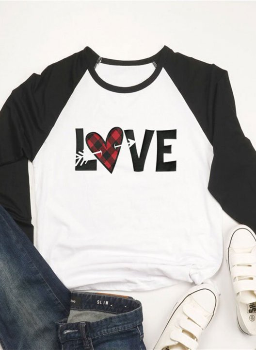 Women's T-Shirt Love Heart Print T-shirts Color-block Letter Plaid Print 3/4 Sleeve Round Neck T-shirt