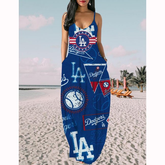 Women's Los Angeles Dodgers Baseball Team Print Sling Pocket Sleeveless Loose Holiday Style Long Dress