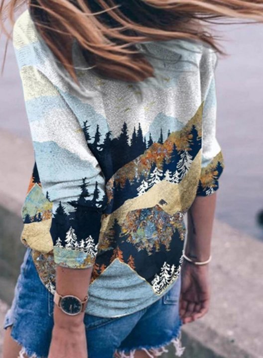 Women's Mountain Landscape Treetop Printed Sweatshirt Casual Landscape Color Block V Neck Long Sleeve Daily T-shirts