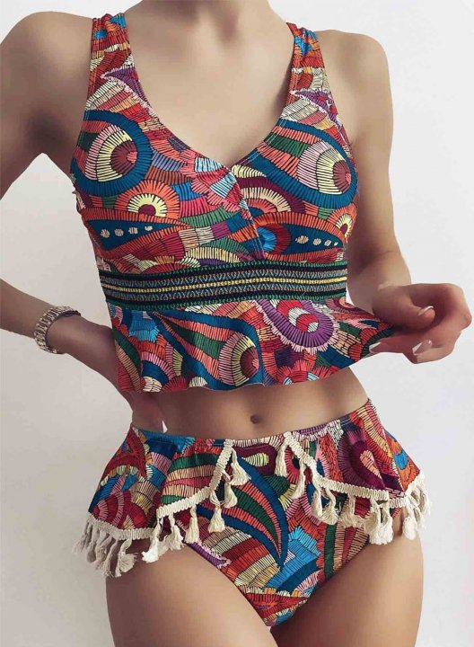 Women's Bikinis Tribal Multicolor High Waist Sleeveless V Neck Padded Adjustable Tassels Wire-free Beach Casual Bikini Suit