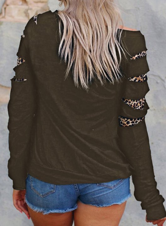 Off shoulder Leopard Solid Long Sleeve Cut out Sweatshirt