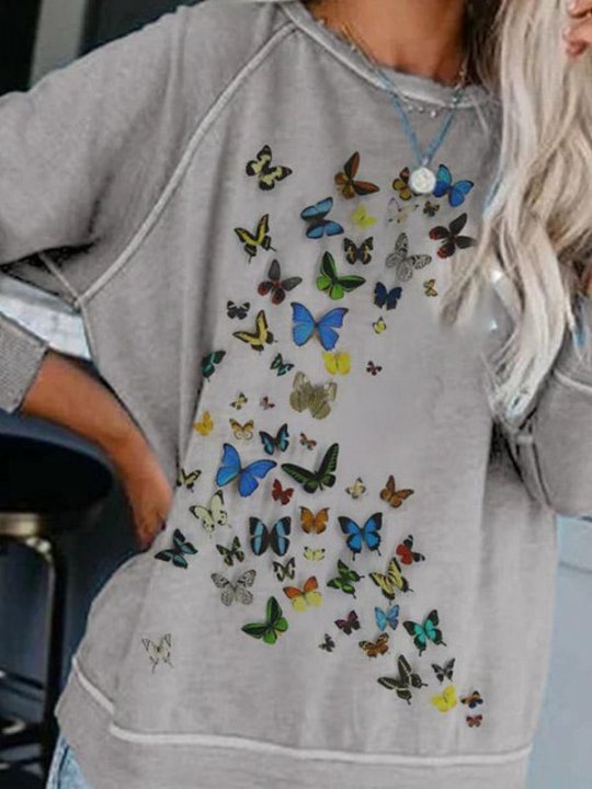 Women's Butterfly Print Casual Long Sleeve Round Neck Sweatshirt