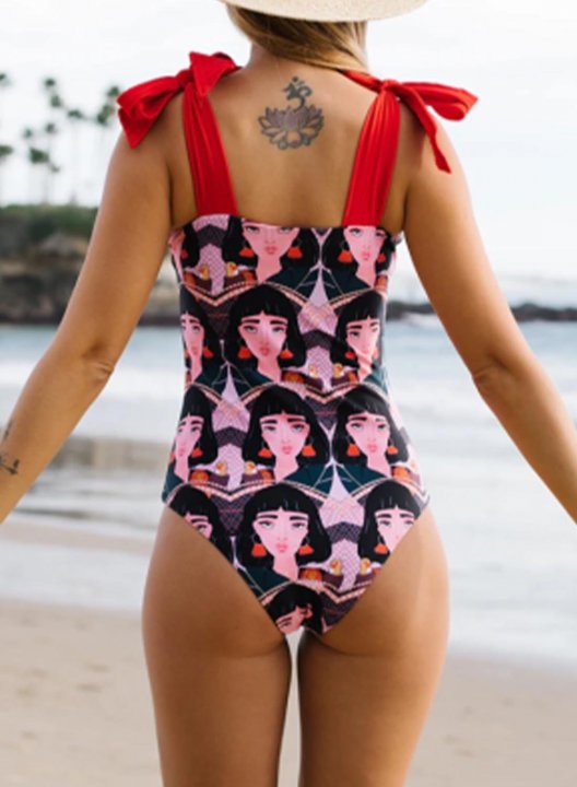 Women's One-Piece Swimsuits One-Piece Bathing Suits Portrait Spaghetti Knot Vintage Cute One-Piece Swimsuits One-Piece Bathing Suits