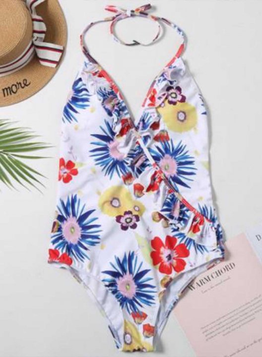 Women's One Piece Swimwear Floral V Neck Open Back Ruffle Vintage One-Piece Swimsuits One-Piece Bathing Suits