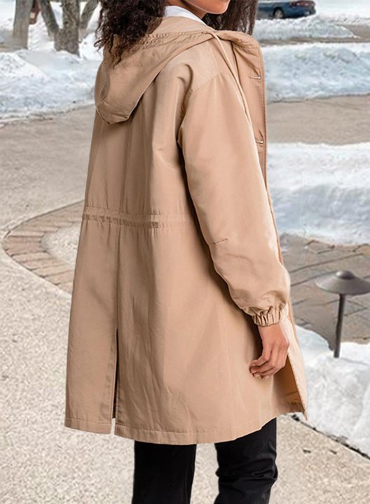 Women's Coats Solid Color Long Sleeve Button Hooded Drawstring Casual Coat Windbreaker