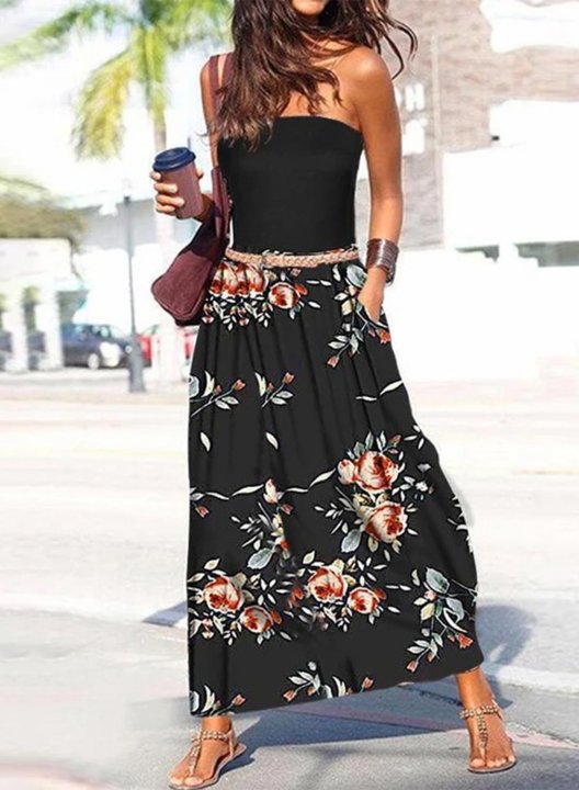 Women's Maxi Dress Floral Fit & Flare Pocket Off Shoulder Sleeveless Summer Casual Beach Maxi Dress