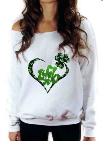 Women's St Patrick's Day Shamrock Print T-shirts Letter Long Sleeve Off Shoulder Casual T-shirt