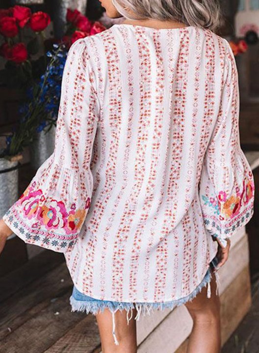 Women's Blouses Tribal Color Block V Neck Long Sleeve Daily Boho Blouses