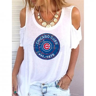 Round Neck Chicago Cubs Print Off-shoulder Short-sleeved Loose T-shirt