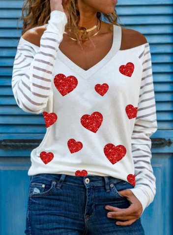 Women's Heart Sweatshirt Color Block Striped Long Sleeve Cold Shoulder Sequin Pullover