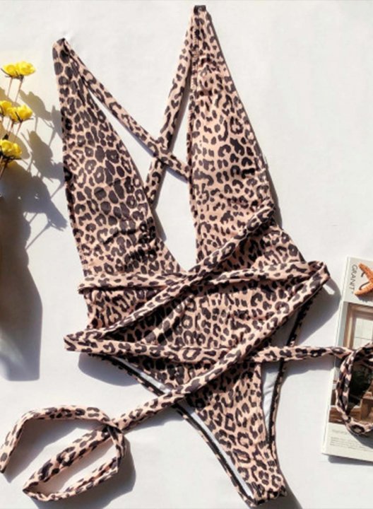 Women's One Piece Swimwear Leopard V Neck Vacation One-Piece Swimsuits One-Piece Bathing Suits