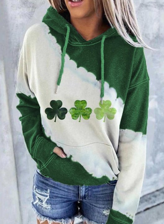 Women's St Patrick's Day Hoodies Shamrock Color Block Drawstring Long Sleeve Pocket Casual Hoodies